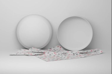 Plates Dishes mockup template with blank back and front surfaces and towel on white background. 3d render.