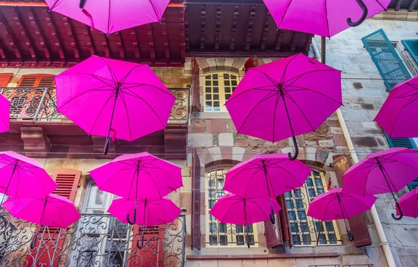 Lila Regenschirme Vor Historischen Häusern Saint Jean Pied Port Frankreich Stockbild