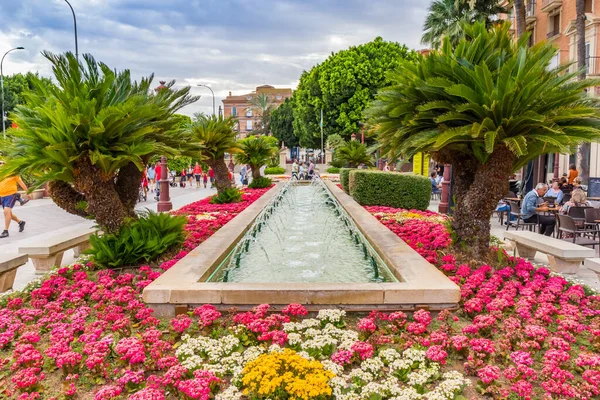 西班牙穆尔西亚Glorieta Espana广场上的棕榈树 花朵和喷泉 — 图库照片