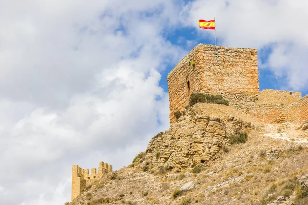 Spanyol Zászló Murallas Torony Tetején Albarracinban Spanyolországban — Stock Fotó