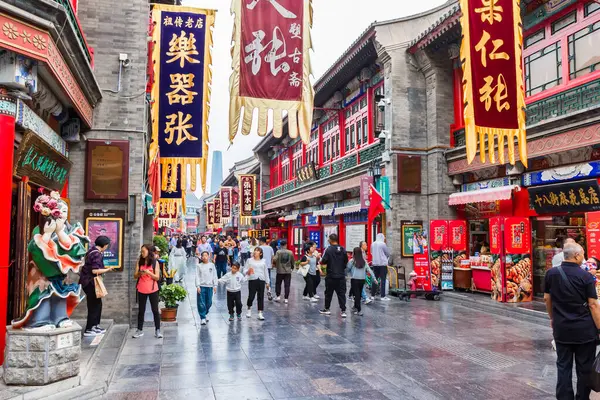Люди Наслаждающиеся Магазинами Улице Древней Культуры Тяньцзине Китай — стоковое фото