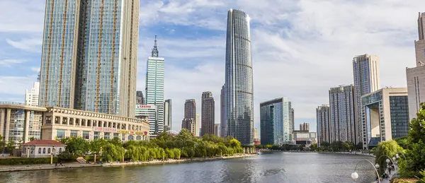 stock image Panorama of the Haihe river with skyscrapers in Tianjin, China