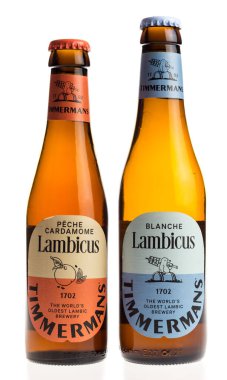 Bottles of Belgian Lambicus Peache and Blanche beer isolated on white background clipart