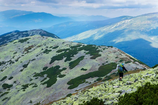 stock image Tourist on a path in the mountains. Eastern Carpathians, Ukraine.