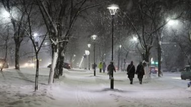 Gece kentinde kar yağışı. Kış.