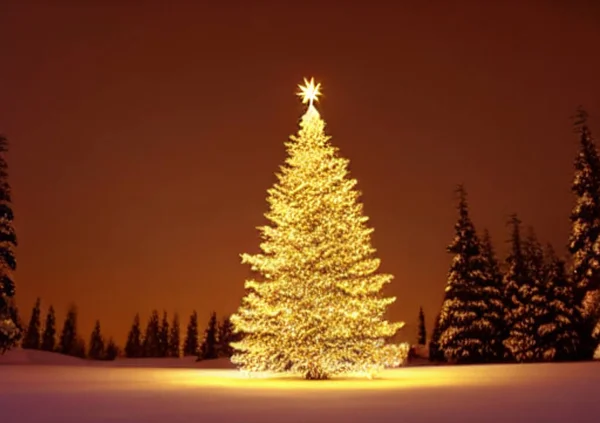 Bellissimo Albero Natale Incandescente Nella Foresta Invernale Notte — Foto Stock