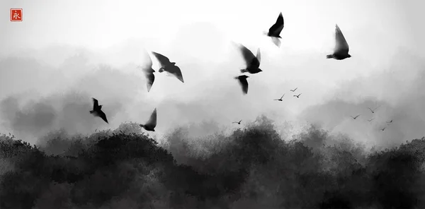 成群的大黑鸟在汹涌的海面上飞舞 传统东方水墨画苏美 象形文字的翻译 — 图库照片