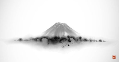 Sisli orman tepelerinin üzerindeki Fujiyma Dağı. Geleneksel oryantal mürekkep boyası sumi-e, u-sin, go-hua. Hiyeroglifin çevirisi - sonsuzluk.