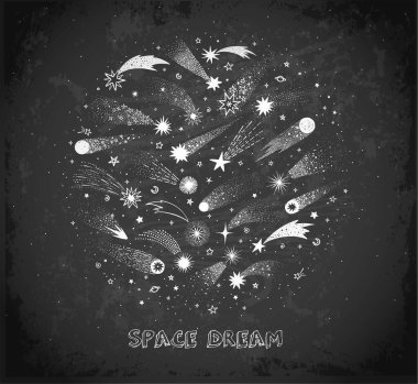 Karatahta arka planında karalama alanı ve kayan yıldızlar. Vektör çizimi çizimi