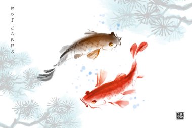 Suda iki sazan balığı ve çam ağacı dalı. Geleneksel oryantal mürekkep boyası sumi-e, u-sin, go-hua. Hiyeroglifin çevirisi - refah.