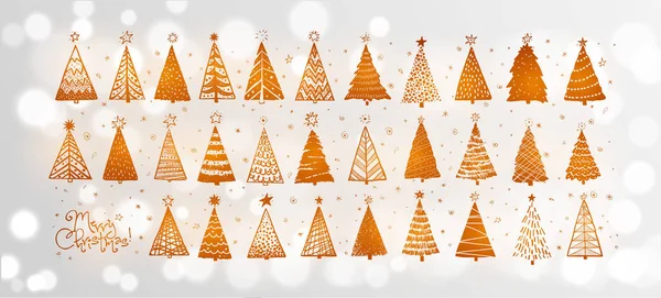 Σύνολο Ζωγραφισμένα Στο Χέρι Doodle Χριστουγεννιάτικα Δέντρα Λευκό Λαμπερό Φόντο — Διανυσματικό Αρχείο