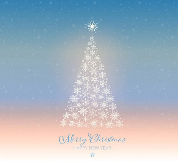 Carte Voeux Noël Avec Arbre Noël Magique Flocons Neige Sur — Image vectorielle