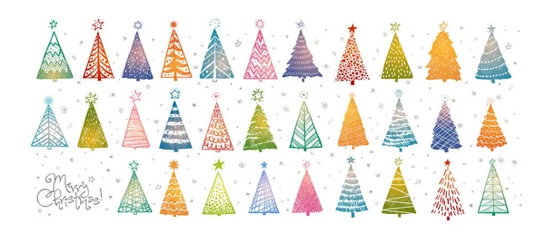 Conjunto Árvores Natal Coloridas Desenhadas Mão Desenho Vetorial Natal Ilustração — Vetor de Stock