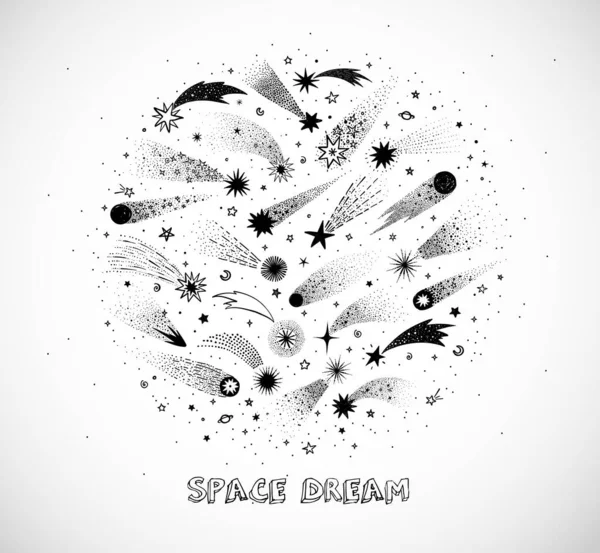 白い背景に円の中でスペースや流れ星をかわす ベクトルスケッチイラスト — ストックベクタ