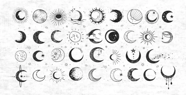 Des Caniches Avec Lune Sur Vieux Papiers Collection Croissant Lune — Image vectorielle