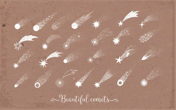 收集的涂鸦彗星 陨石和流星在棕色包裹纸背景 矢量草图说明 — 图库矢量图片