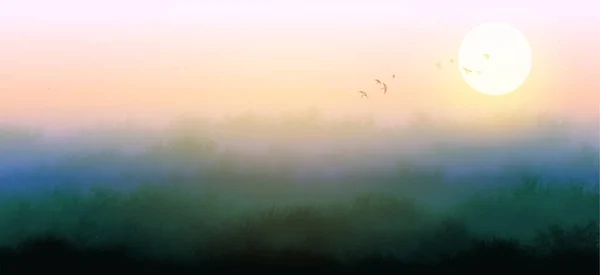 Minimalistische Landschaft Mit Nebelgrünem Feld Und Vogelscharen Himmel Traditionelle Orientalische — Stockvektor