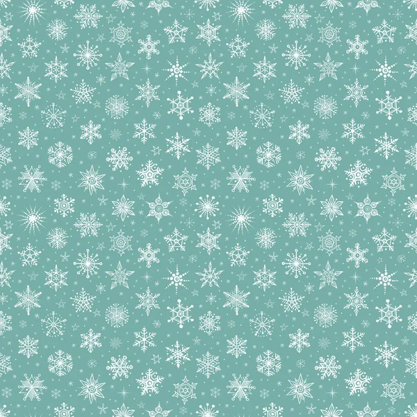 雪とシームレスなパターン ミントを背景に雪が降る 繰り返しドアの雪片とベクトルイラスト パターンフィル テキスタイル ウェブページの背景 表面テクスチャのために使用することができます — ストックベクタ