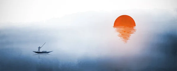 Чернильная Живопись Голубого Туманного Пейзажа Большим Красным Восходящим Солнцем Рыбаком — стоковый вектор