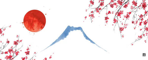 Sakura Fiore Grande Sole Rosso Fujiyama Montagna Sfondo Bianco Inchiostro — Vettoriale Stock