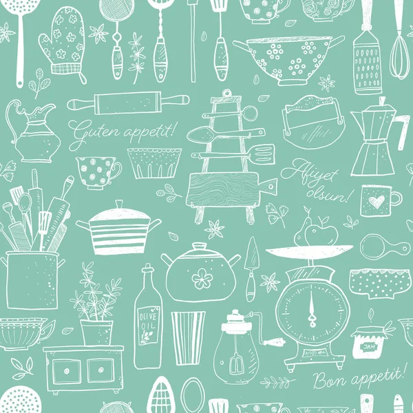 Seamless Pattern Doodle Kitchen Utensils Can Used Wallpaper Pattern Fills — Stock Vector