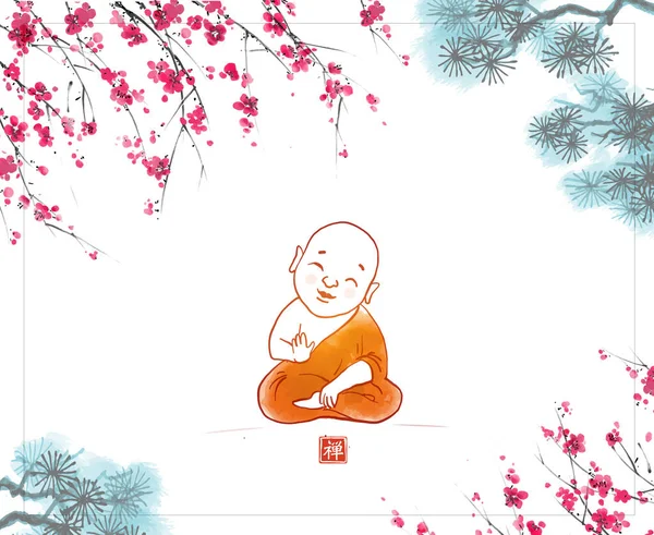 Μικρός Βουδιστής Μοναχός Πορτοκαλί Ρόμπα Κάτω Από Την Ανθισμένη Σακούρα — Διανυσματικό Αρχείο
