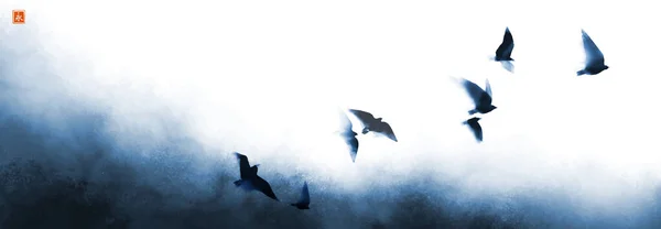 Stormo Grandi Uccelli Che Volano Fuori Dalla Nebbia Blu Tradizionale — Vettoriale Stock