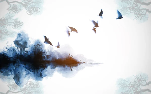 Пейзаж Чернильной Живописи Стаей Птиц Летающих Над Островом Лесными Деревьями — стоковый вектор
