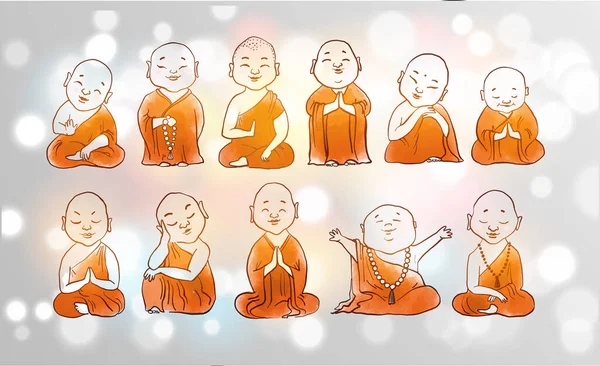 Mici Călugări Budiști Meditatori Robe Portocalii Fundal Alb Strălucitor — Vector de stoc