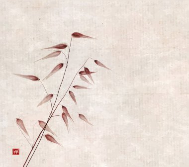 Antika arka planda yabani çayır çimenleri. Geleneksel oryantal mürekkep boyası sumi-e, u-sin, go-hua minimalist tarzda. Hiyeroglifin çevirisi - zen.