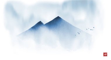 Mavi sisli dağları ve gökyüzünde kuşları olan mürekkep manzarası. Basit ve temiz minimalist tarzda. Geleneksel oryantal mürekkep boyası sumi-e, u-sin, go-hua. Hiyeroglif- zen.
