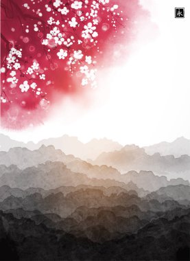 Çiçekli pembe sakura ağacı ve karanlık orman dağlarıyla manzara. Geleneksel oryantal mürekkep boyası sumi-e, u-sin, go-hua. Hiyeroglif- sonsuzluk.