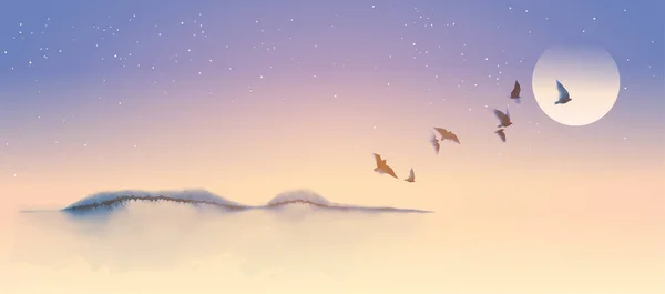 山や星空の上に鳥の群れと夢のような風景 伝統的な東洋の水墨画水絵 — ストックベクタ
