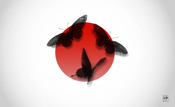 Τρεις Μαύρες Πεταλούδες Στον Κόκκινο Κύκλο Παραδοσιακό Ιαπωνικό Μελάνι Πλένει — Διανυσματικό Αρχείο