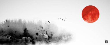 Puslu orman dağları, pagoda tapınağı ve Japonya 'nın sembolü büyük kırmızı güneş ile mürekkep boyama. Geleneksel oryantal mürekkep boyası sumi-e, u-sin, go-hua. Hiyeroglifin çevirisi - sonsuzluk.