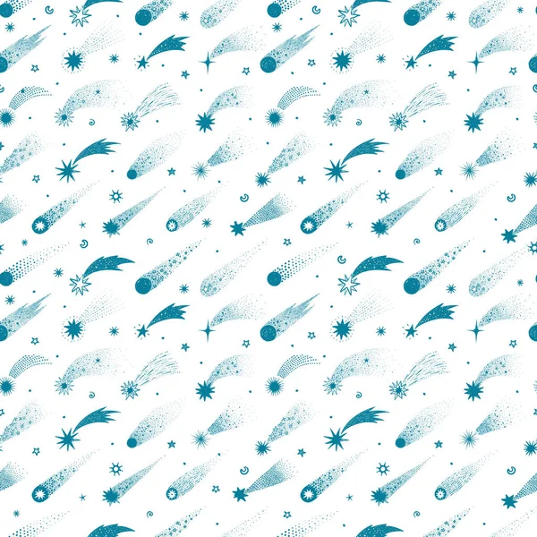 卡通的天空背景 蓝色的流星在白色上 有彗星的无缝隙空间模式 可用于墙纸 图案填充 纺织品 网页背景 表面纹理 — 图库矢量图片