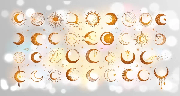 白い輝く背景に月との落書き クレセントムーンコレクション ベクトルスケッチイラスト — ストックベクタ