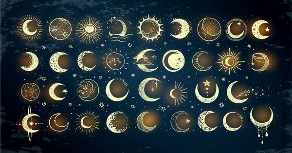 Дудлы Сияющей Луной Тёмном Фоне Коллекция Полумесяца Векторная Иллюстрация — стоковый вектор