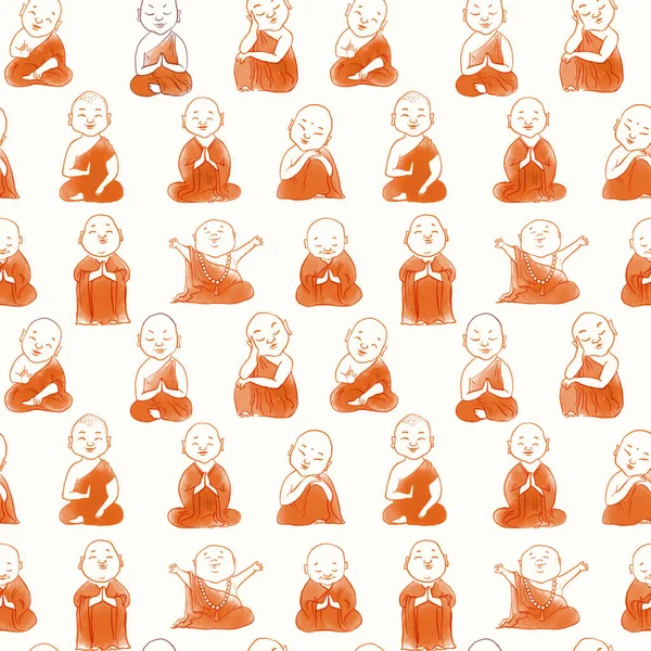 Bezproblémový Vzor Roztomilými Kreslenými Buddhistickými Mnichy Lze Použít Tapety Výplně — Stockový vektor