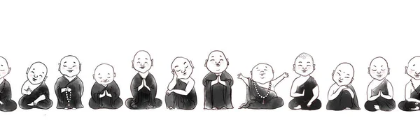 Seamless Horizontal Pattern Cute Cartoon Buddhist Monks Can Used Wallpaper — Vector de stock