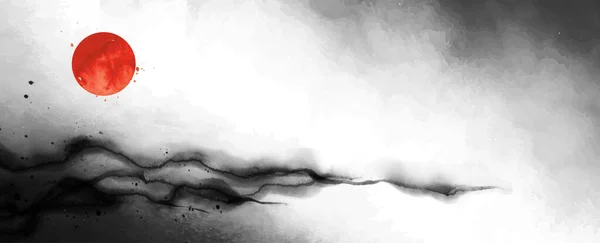 シンプルなミニマリストスタイルで赤い太陽と霧の山とスタイルの風景 伝統的な東洋の水墨画 遊戯王華 ヒエログリフの翻訳 — ストックベクタ