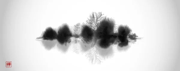 Inkoust Prací Malba Minimalistickém Čistém Stylu Mlhavý Ostrov Lesními Stromy — Stockový vektor