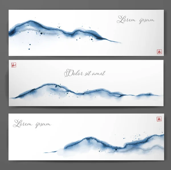 Tres Pancartas Con Montañas Azules Estilo Minimalista Oriental Simple Limpio — Vector de stock