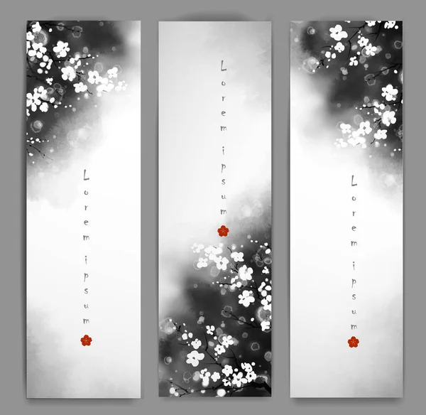 Tres Pancartas Con Flores Cerezo Sakura Sobre Fondo Oscuro Con — Archivo Imágenes Vectoriales