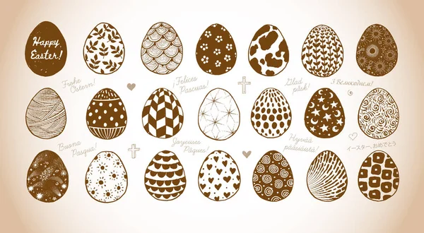 Eski Tarz Karalanmış Paskalya Yumurtaları Farklı Dillerde Mutlu Paskalyalar — Stok Vektör