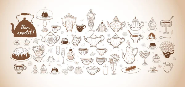 英式茶话会用老式风格的涂鸦 老式茶具和糖果 矢量草图说明 — 图库矢量图片