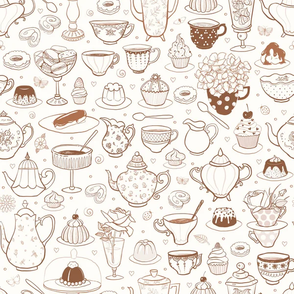 Безшовні Візерунки Чайною Вечіркою Англійському Стилі Чай Чайники Пекарня Квіти — стоковий вектор