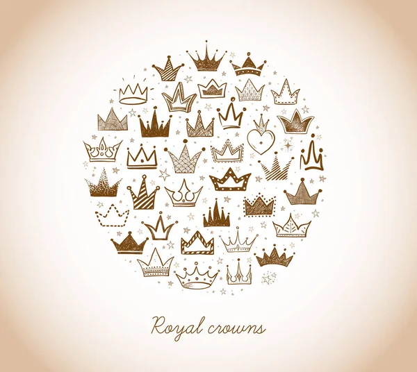 Card Doodle Crowns Circle Vintage Style Vector Sketch Illustration — Stock Vector