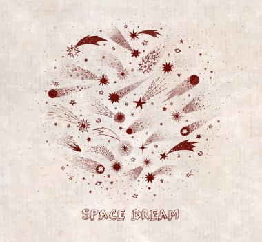 Uzay ve kayan yıldızlar klasik arka planda daireler çiziyor. Vektör çizimi çizimi