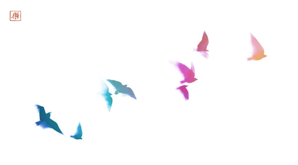 Pittura Inchiostro Uccelli Arcobaleno Volanti Tradizionale Pittura Orientale Inchiostro Sumi — Vettoriale Stock